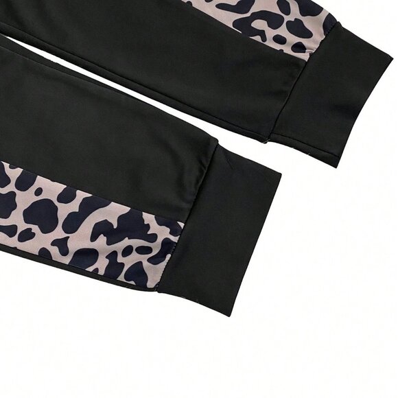 Black Casual Women's Leopard Patchwork Top and Pants Set - Picture 6 of 8